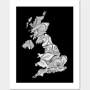 Mandala art map of United Kingdom with text in white Posters and Art